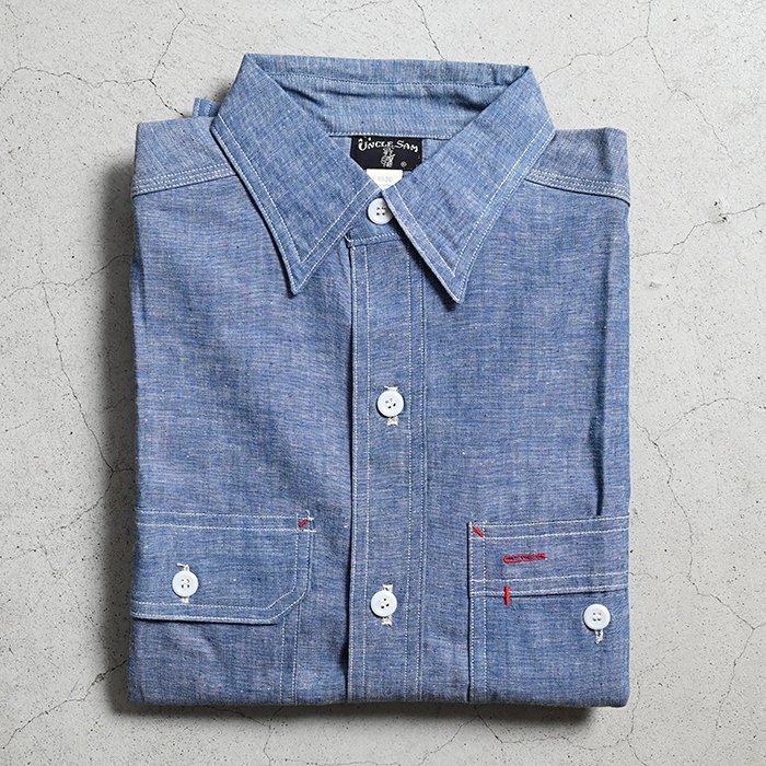 UNCLE SAM CHAMBRAY WORK SHIRT（SZ15 /UNUSUAL POCKET） - 古着屋 ｜  mushroom(マッシュルーム) ヴィンテージクロージングストア