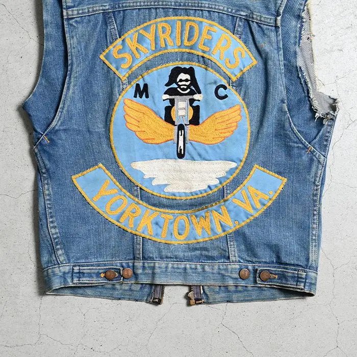 SKYRIDERS YORKTOWN.VA M/C DENIM CUT-OFF BIKER'S VEST（1970'S） - 古着屋 ｜  mushroom(マッシュルーム) ヴィンテージクロージングストア