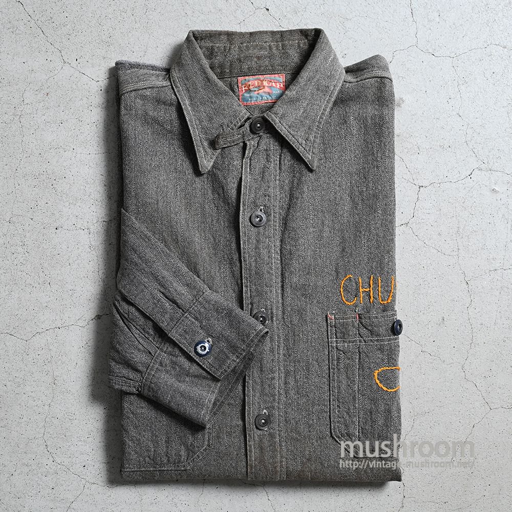 RED KAP BLACK CHAMBRAY WORK SHIRT WITH CHINSTRAP（1930'S/HAND EMBROIDERY） -  古着屋 ｜ mushroom(マッシュルーム)　ヴィンテージクロージングストア