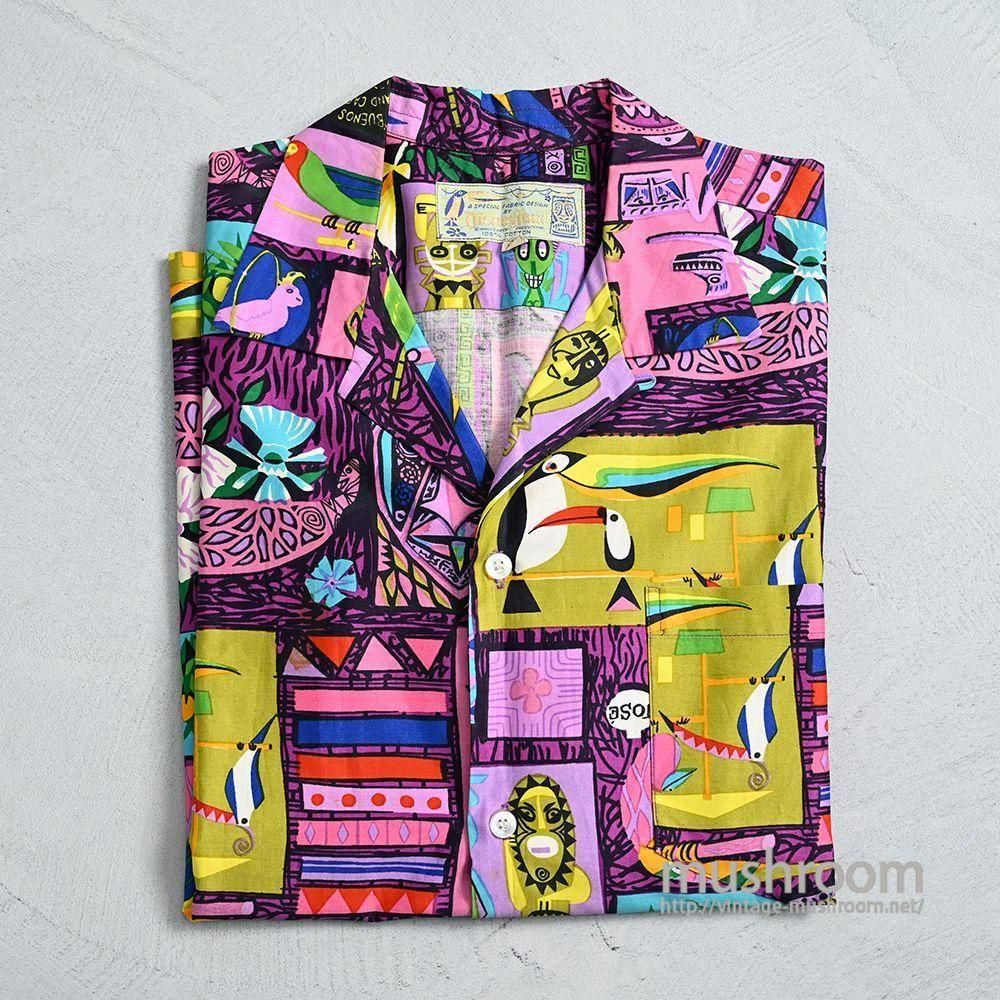 DISNEYLAND S/S TIKI PATTERN COTTON SHIRT1960'S/DEADSTOCK/X-LARGE