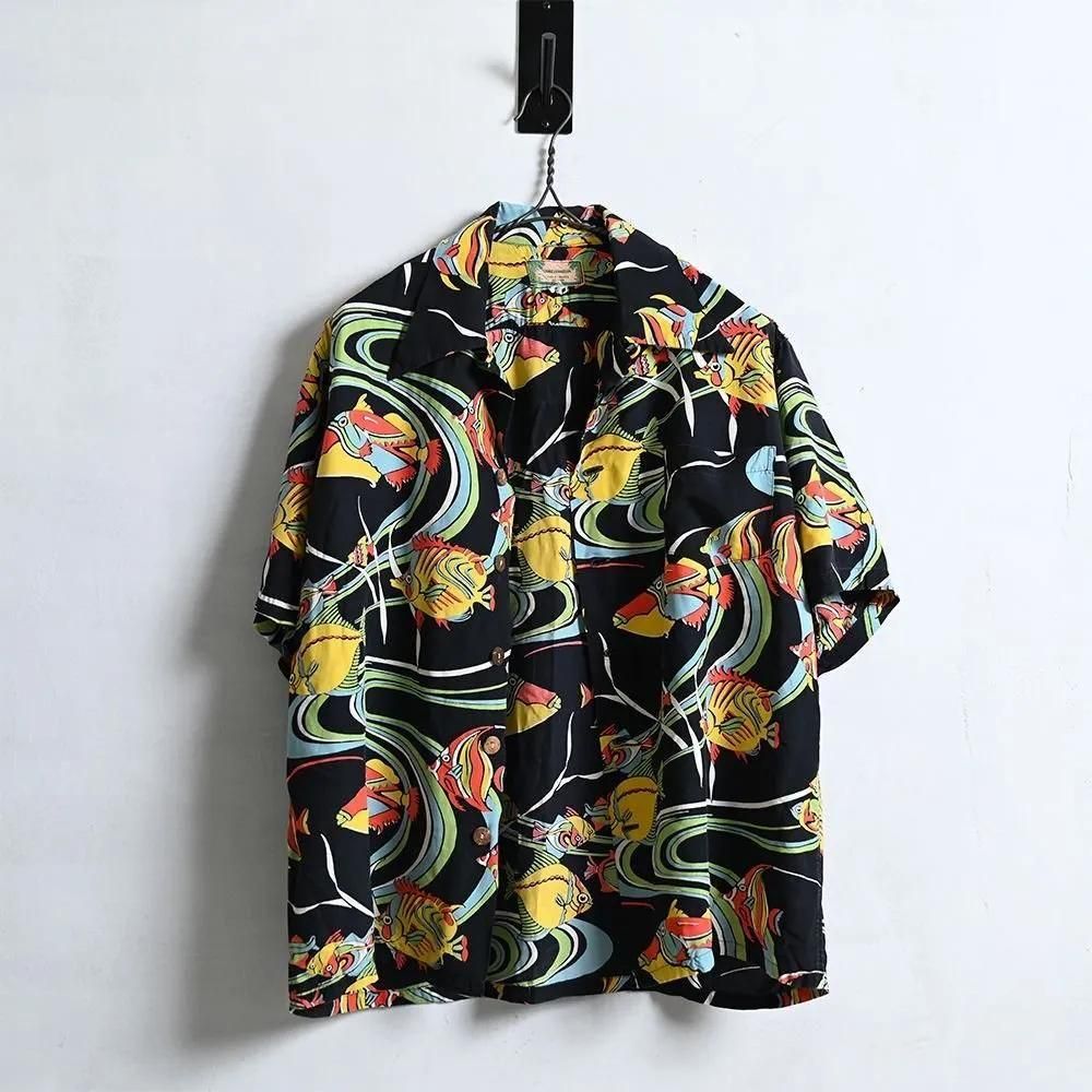 KAMEHAMEHA BLACK S/S HAWAIIAN SHIRT（40'S-50'S/GOOD