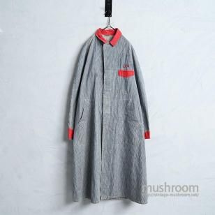 OLD TWO-TONE HICKORY-STRIPED SHOP COAT with EMBROIDERYAround 1940'S