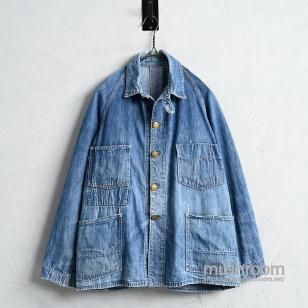 OLD 4-POCKET DENIM CHORE JACKET with CHINSTRAP & CHANGE BUTTONAround 1930'S/UNIQUE POCKET