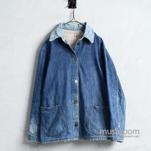 OLD 2-POCKET DENIM COVERALL with PLAID LINING1930'S/AMAZING REPAIR