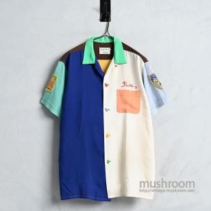 NAT NAST CRAZY PATTERN S/S RAYON BOWLING SHIRT with NICE PATCH1960'S/GOOD CONDITION/LARGE