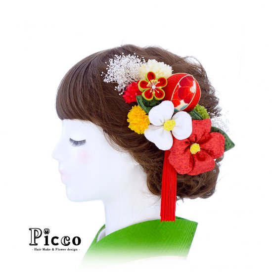 Kmk T018 ちりめん花と玉飾りとマムの和装用髪飾りセット ホワイト レッド