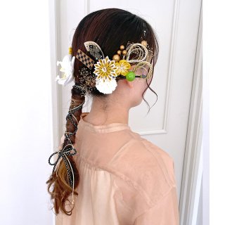 胡蝶蘭とつまみ細工の和装髪飾りセットA