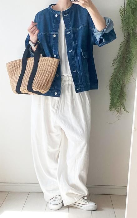 オーバーサイズのノーカラー デニムジャケット - NANATONE