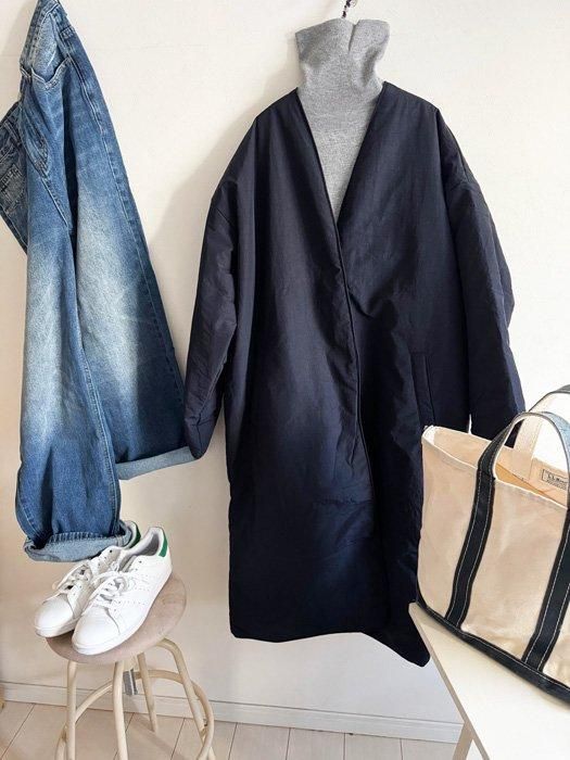 撥水加工のノーカラーロングコート - NANATONE