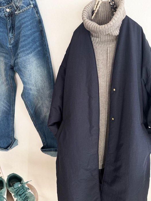 撥水加工のノーカラーロングコート - NANATONE