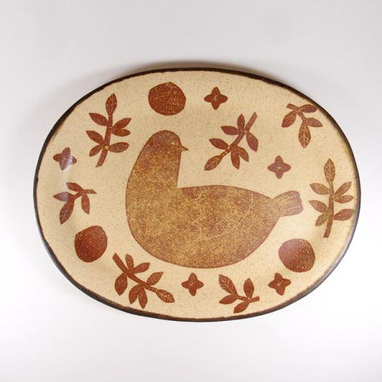 かとうようこ｜オーバルプレート 鳥と草花（イエロー） - 和食器（陶器 