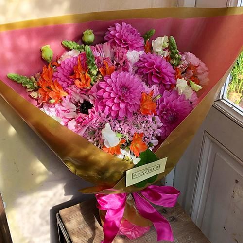 春の花束 ブーケ ピンクダリア スイートオレンジ Country Harvest オンラインショップ 春の花束 ブーケ ピンクダリア スイートオレンジ Country Harvest オンラインショップ