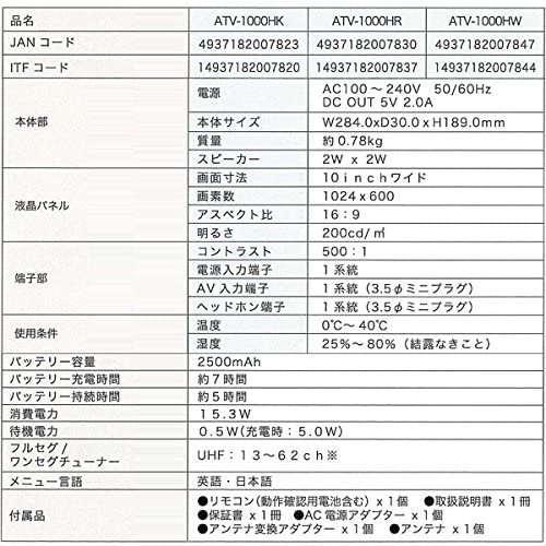 ATV-1000H｜セントレードM.E ポータブル液晶テレビ 10インチ 10型 LED 