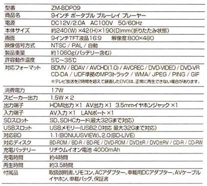 ZM-BDP09｜ポータブルブルーレイDVDプレーヤー 本体 車載 9インチ 3電源 ブルーレイプレーヤー 車載バッグ付属 レボリューション  ZM-BDP09｜中古品｜修理販売｜サンクス電機