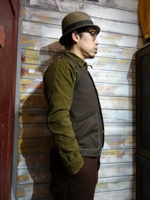 FREEWHEELERS ”Boston” VEST GRAINED OLIVE - OLD STAND UP