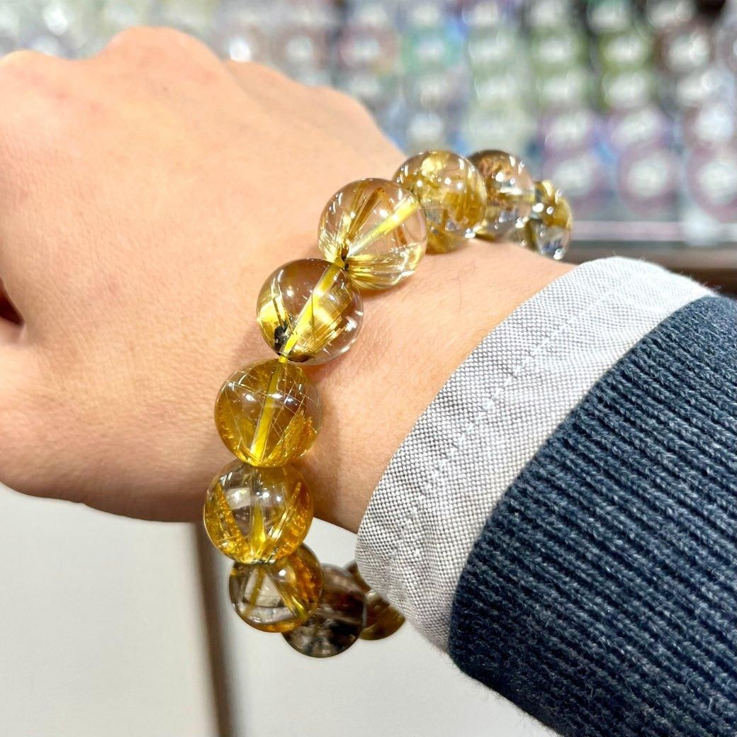 【67101】 高品質 タイチンルチルクォーツ 14mm ブレスレット 高品質】タイチンタイガールチルクォーツ 14mm～14.5mm玉