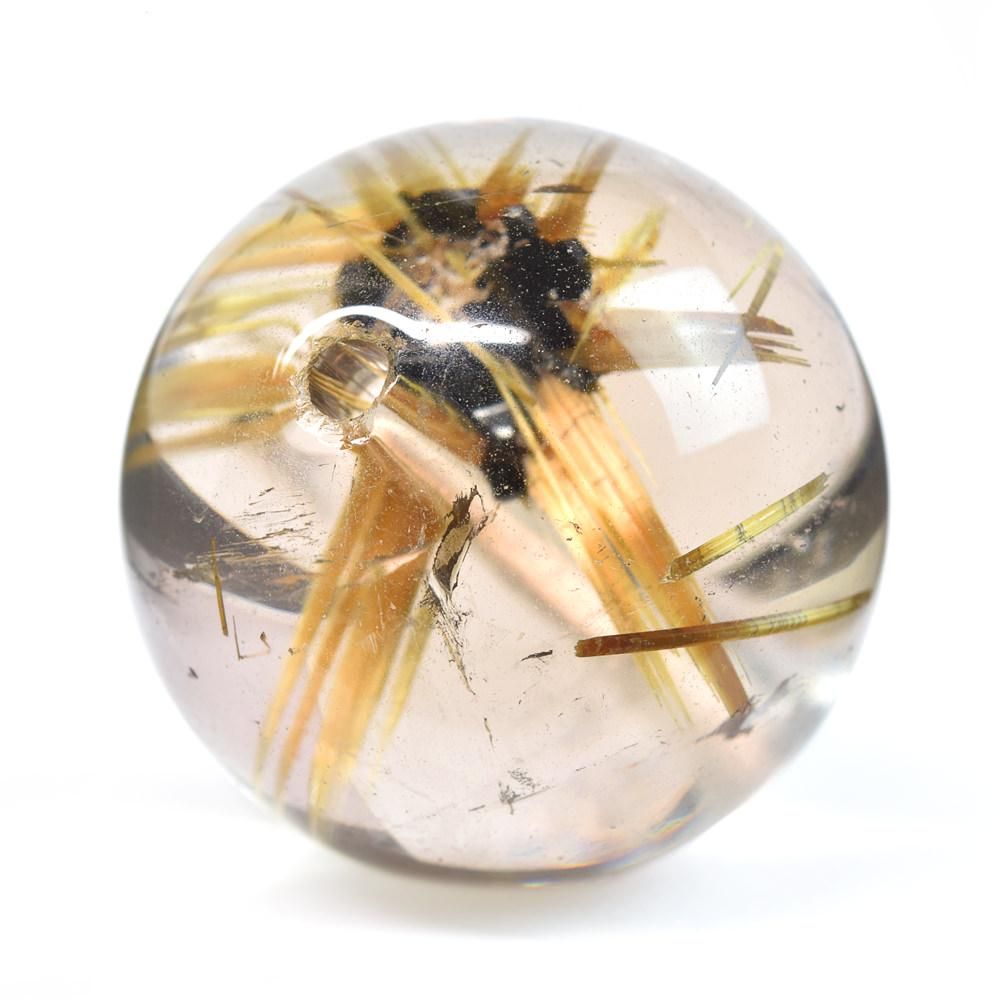 展示品クラス　太陽放射タイチンルチルクォーツ ポリッシュポイント 磨き石　置物 太陽放射タイチンルチルクォーツ ビーズ 14mm #BZ248