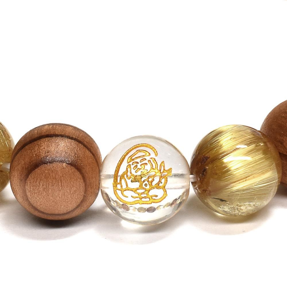 七福神(水晶)×出雲黒松×ゴールドルチルクォーツ 彫刻「七福神