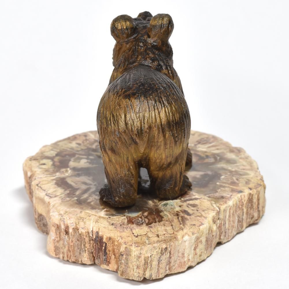 タイガーアイ「熊」彫刻置物（珪化木台座付き）#QB042
