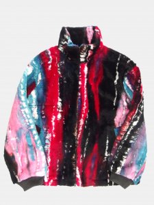 [ts(s)] Zip Front High Neck Jacket - Inkjet Print Polyester Fur Fleece Cloth / Blue & Pink Mix