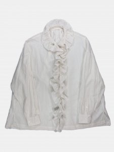 [TOUJOURS] Ruffle Shirt - Cotton/Silk Gingham Plaid Cloth / Smoke White