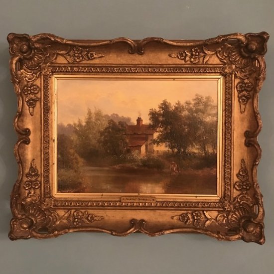 アンティーク絵画　油彩　アメリカ　森林と川　風景画　Antique　ヴィンテージ