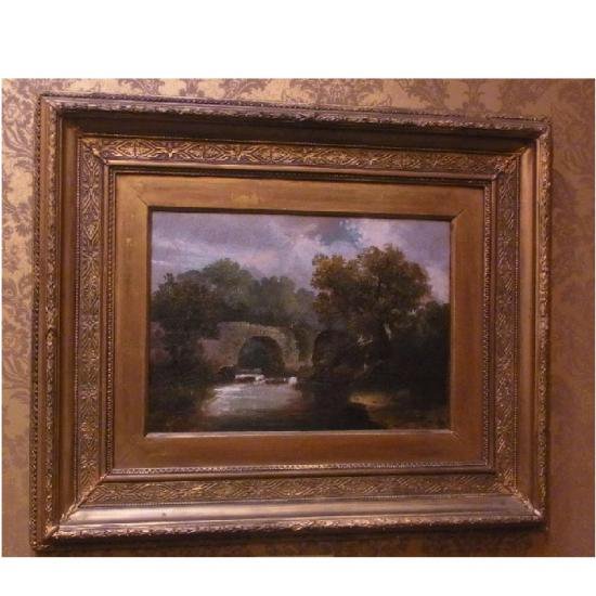 レンタル品】英国アンティーク油絵 “River Scene with bridge and Figures” c1870 - 鎌倉アンティーク ス／イギリスのアンティーク家具