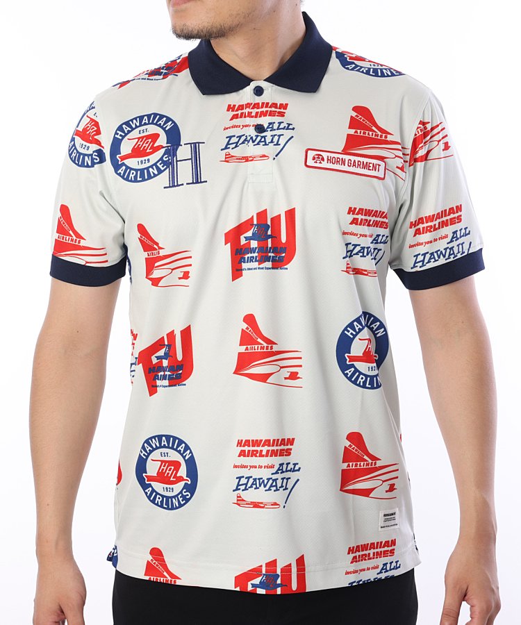 ホーンガーメント HO [HawaiianAirlines]ロゴ総柄半袖ポロシャツ