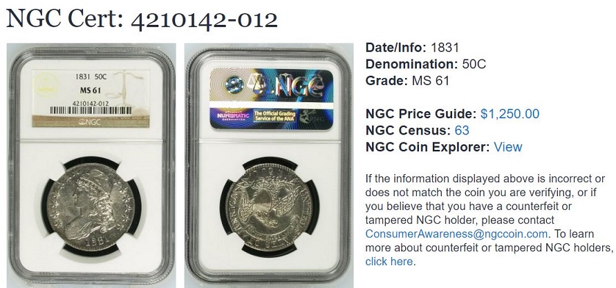 アメリカ 1831 50セント ハーフダラー 銀貨 キャップドバスト NGC MS61
