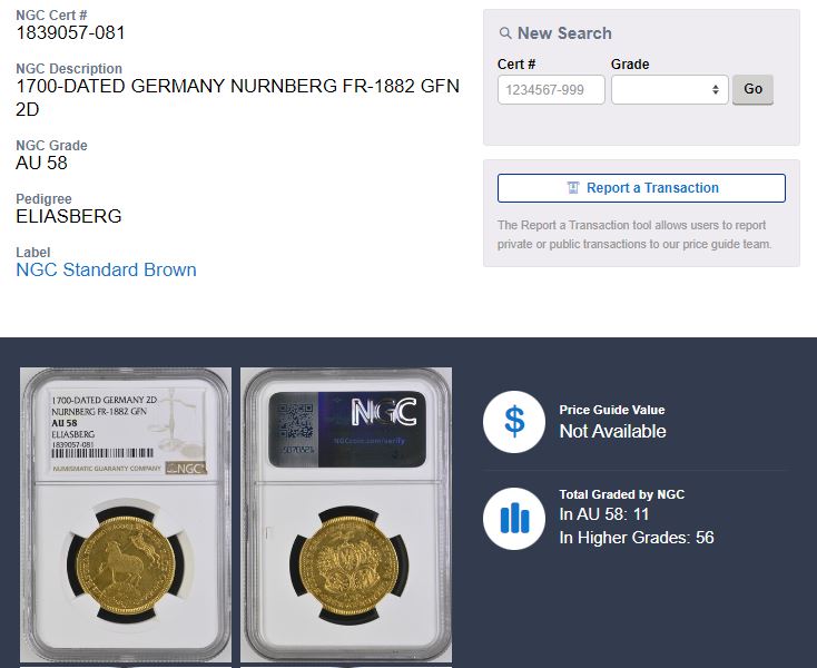 ドイツ ニュルンベルク 1700年 ラムダカット 2ダカット 金貨 NGC ドイツ ニュルンベルク 1700年 ラムダカット 2ダカット 金貨 NGC