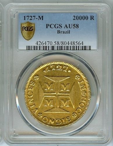 ブラジル 1727M 20000レイス 2万レイス 超大型金貨 特年号 PCGS AU58 
