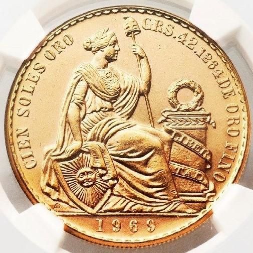 ペルー 1969 100ソル 女神の坐像 金貨 NGC MS62 発行枚数:540枚