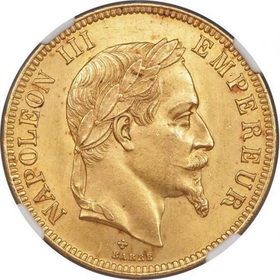 フランス 1869BB 100フラン ナポレオン 有冠 金貨 NGC MS63! - 【鑑定