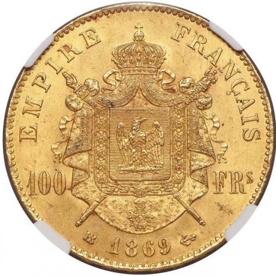 フランス 1869BB 100フラン ナポレオン 有冠 金貨 NGC MS63! - 【鑑定