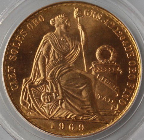 ペルー 1969 100ソル 女神の坐像 金貨 PCGS MS66! 発行枚数:540枚