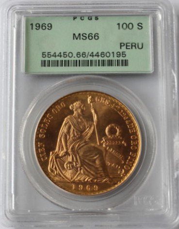 ペルー 1969 100ソル 女神の坐像 金貨 PCGS MS66! 発行枚数:540枚