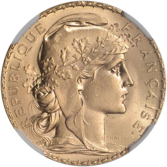 フランス 1910 20フラン マリアンヌ 女神 ルースター 干支 酉年 金貨