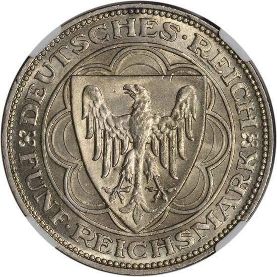 希少!! ドイツ ワイマール 1927 銀貨 5マルク 樫の木 NGC MS65