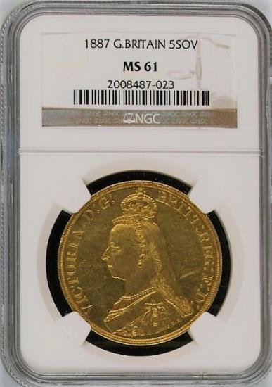 イギリス 1887 ビクトリア ジュビリーヘッド 5ポンド 金貨 NGC MS61