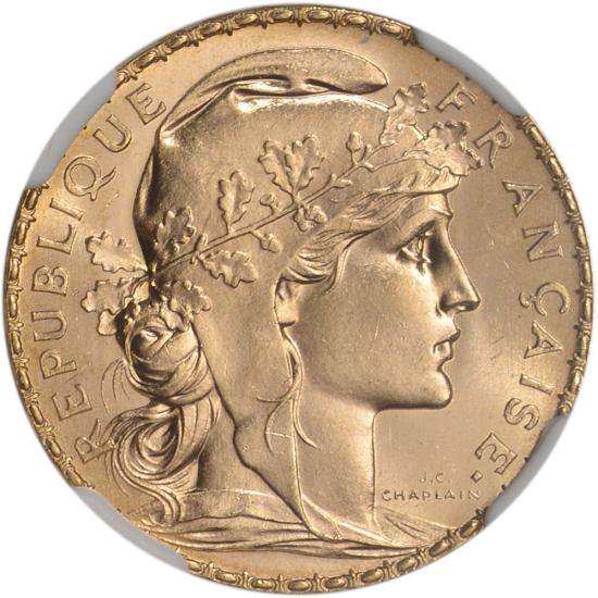 フランス 1908 20フラン マリアンヌ 女神 ルースター 干支 酉年 金貨