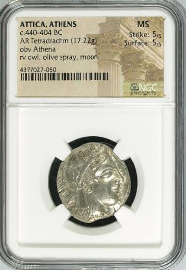 古代ギリシャ アッティカアテネ BC440-404 テトラドラクマ ふくろう 銀貨 NGC MS 5/5, 5/5 未使用! 満点評価! -  【鑑定済アンティークコイン専門店】オンラインネットショップ通販店舗『アンティークコインワールド』へようこそ！