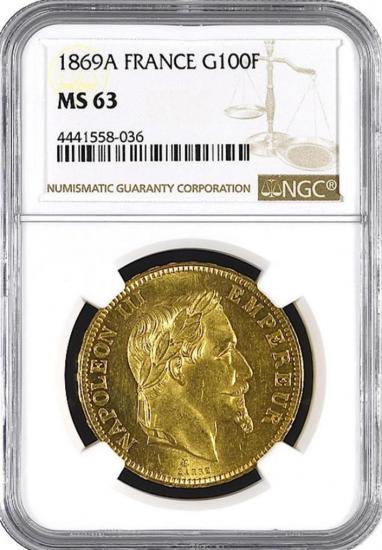 フランス 1869A 100フラン ナポレオン 有冠 金貨 NGC MS63! -  【鑑定済アンティークコイン専門店】オンラインネットショップ通販店舗『アンティークコインワールド』へようこそ！