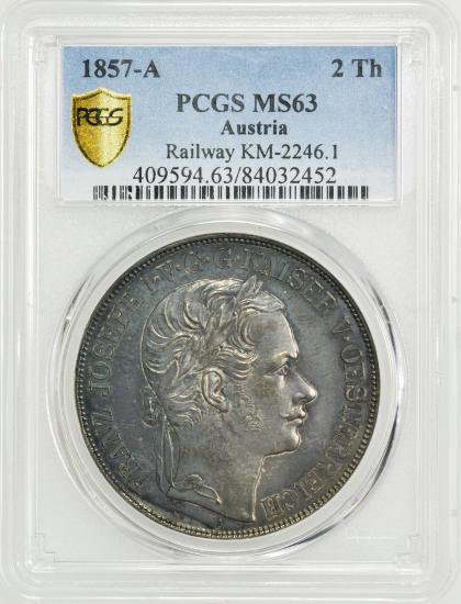 オーストリア 1857A 2ターラー ウィーン・トリエステ鉄道開通記念銀貨 PCGS MS63 - 【鑑定済アンティークコイン 専門店】オンラインネットショップ通販店舗『アンティークコインワールド』へようこそ！