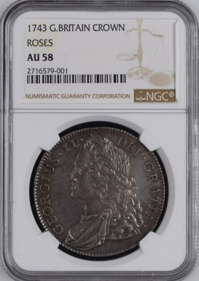 イギリス 1743年 ジョージ2世 クラウン 銀貨 ローズクラウン NGC AU58