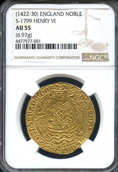 イギリス イングランド 1422-30 ヘンリー6世 ノーブル金貨 NGC AU55