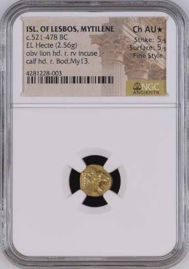 古代ギリシャ レスボス島 ミティリニ BC521-478 エレクトロン・ヘクテ貨 NGC Ch AU☆ 5/5, 5/5 Fine Style!  準未使用! 満点評価! 星付き! - 【鑑定済アンティークコイン専門店】オンラインネットショップ通販店舗『アンティークコインワールド』へようこそ！