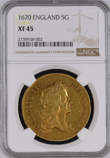 イギリス 1670 チャールズ2世 5ギニー金貨 NGC XF45 - 【鑑定済 