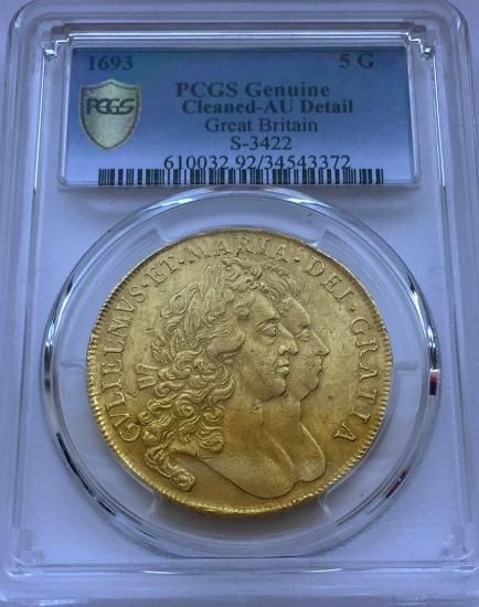 イギリス 1693 ウィリアム&メアリー 5ギニー金貨 PCGS AU Detail