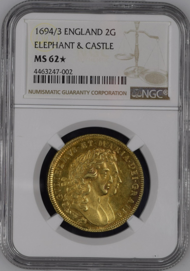 イギリス 1694/3 ウィリアム&メアリー 2ギニー金貨 象と城! NGC MS62