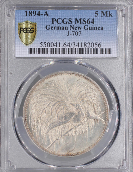 ドイツ領ニューギニア 1894A 極楽鳥 5マルク銀貨 PCGS MS64 ドイツ領ニューギニア 1894A 極楽鳥 5マルク銀貨 PCGS MS64